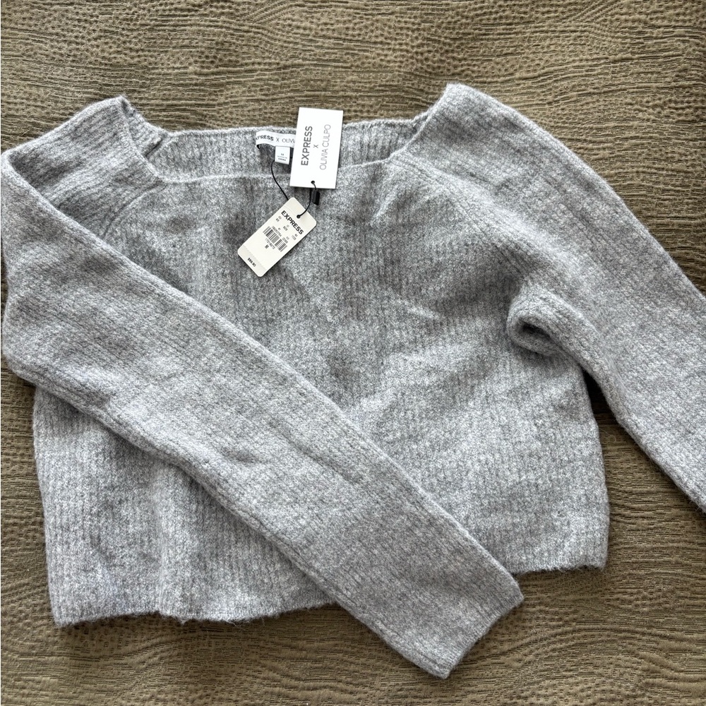 Express Light Gray Off-the-Shoulder Sweater